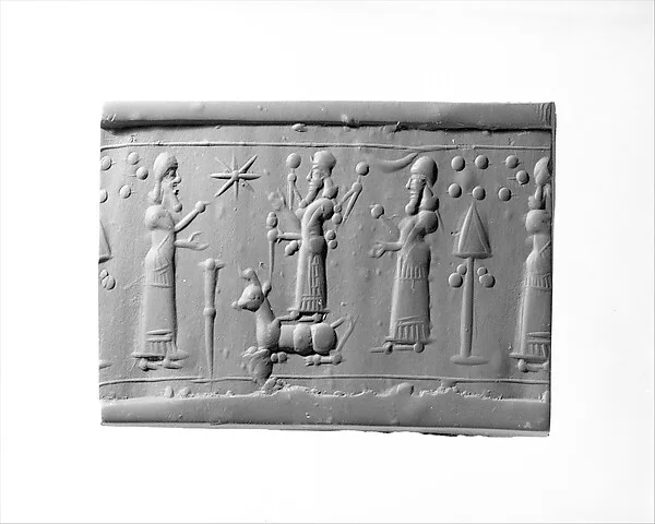 Cylinder seal with cultic scene — تصویر رکورد موزهٔ متروپولیتن (دسترسی آزاد)
