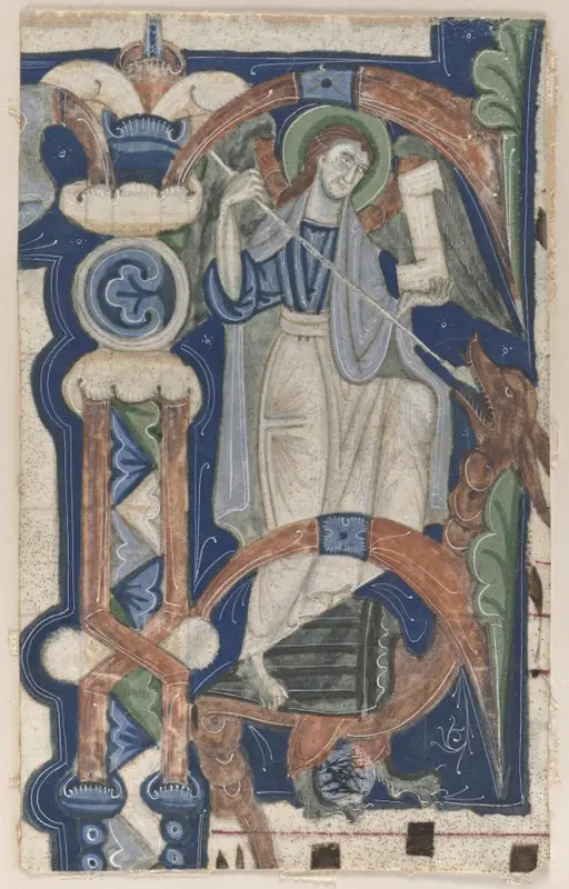 Historiated Initial (P) Excised from a Choral Book: St. Michael and the Dragon — تصویر رکورد موزهٔ هنر کلیولند (دسترسی آزاد)