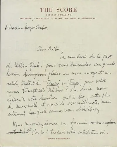 Scrisoare adresată lui George Enescu de către subredactorul publicației londoneze „The Score. A Music Magazine‟ — تصویر رکورد یوروپیانا