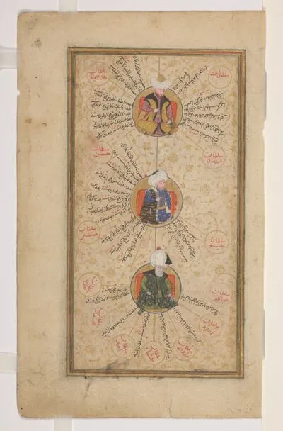 Portraits of the Ottoman Sultans Murād II (d. 1451), Meḥmed II (d. 1481) and Bāyezīd II (d. 1512) (recto), and Selīm I (d. 1520) and Süleymān I (d. 1566) (verso), from the genealogy (silsilanāma), Cre — تصویر رکورد یوروپیانا