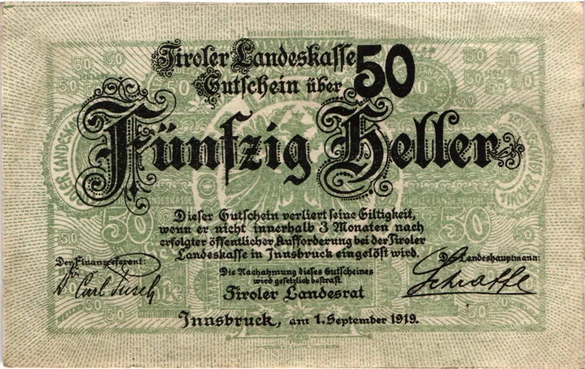 50 Heller, Notgeldschein der Tiroler Landeskasse, Tirol — تصویر رکورد یوروپیانا