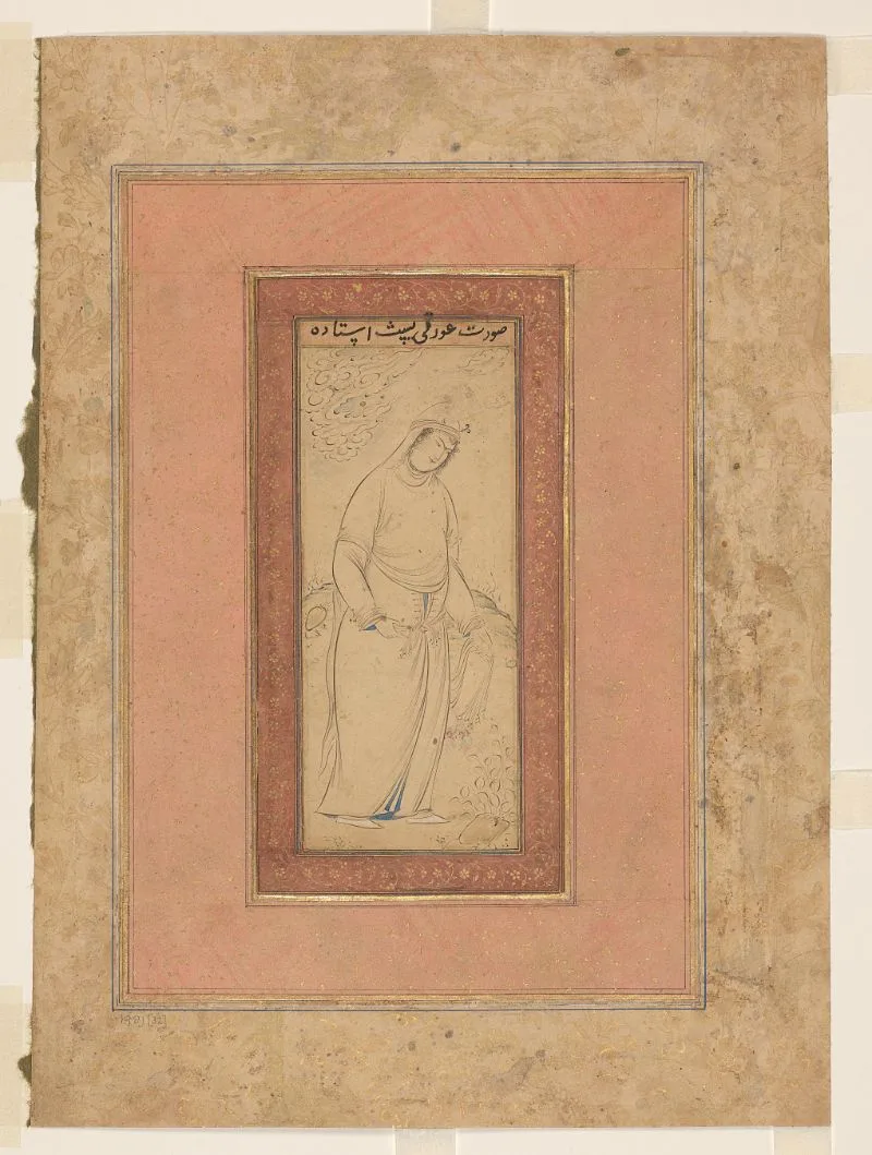 Woman standing in landscape, attributed to Reẓā `Abbāsī (d. 1635) — تصویر رکورد یوروپیانا