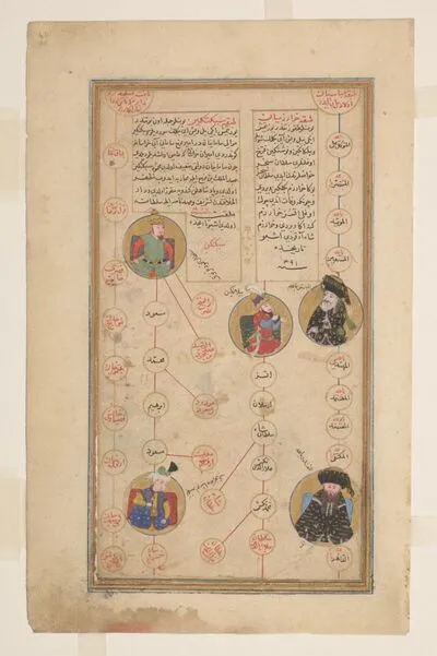 Portraits of the `Abbāsid Caliphs al-Mu`tazz (d. 869) and al-Muqtadir (d. 932), Samanid ruler Bilgetegin (d. 975), with the Ghaznavid rulers Maḥmūd (d. 1030) and Bahrām Shāh (d. 1152) (recto), and `Ab — تصویر رکورد یوروپیانا