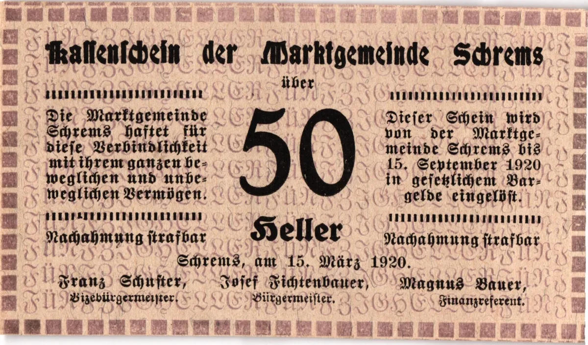 50 Heller, Notgeldschein der Marktgemeinde Schrems, Niederösterreich — تصویر رکورد یوروپیانا