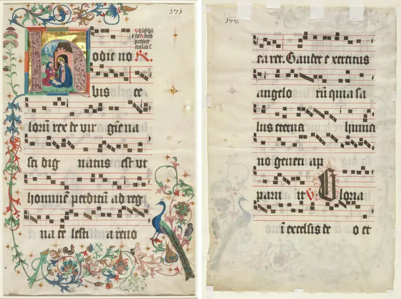 Leaf from an Antiphonary: Initial H with the Nativity (recto) and Text (verso) — تصویر رکورد موزهٔ هنر کلیولند (دسترسی آزاد)
