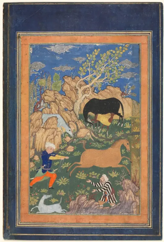 Rustam Lassoing his Horse, Rakhsh, in a Landscape (recto) — تصویر رکورد موزهٔ هنر کلیولند (دسترسی آزاد)