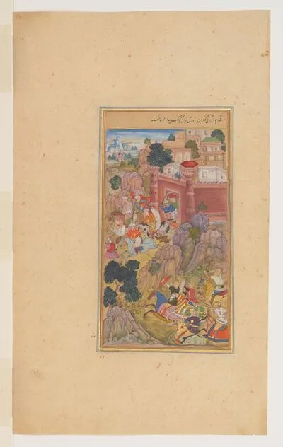 Survivors flee the fallen Sarangpur Fort in Malwa, from the History of Akbar (Akbarnama), by Abu’l-Fazl — تصویر رکورد یوروپیانا