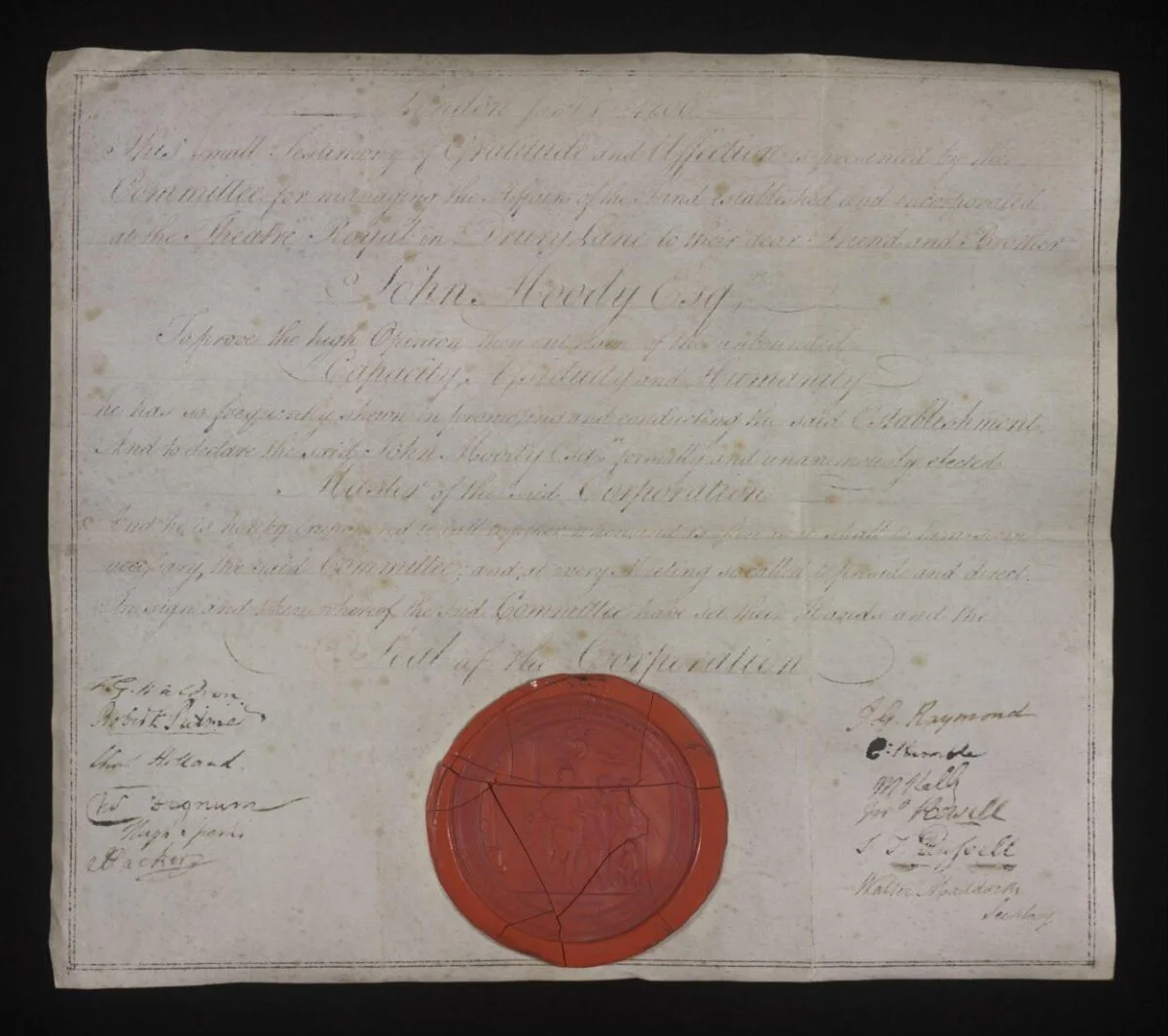 certificate presented to John Moody by the Drury Lane Theatrical Fund — تصویر رکورد موزهٔ ویکتوریا و آلبرت