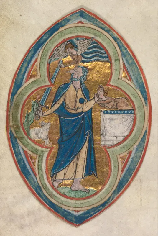 Miniature Excised from a Compendium in historiae genealogia Christi by Peter Poitiers: The Sacrifice of Isaac — تصویر رکورد موزهٔ هنر کلیولند (دسترسی آزاد)