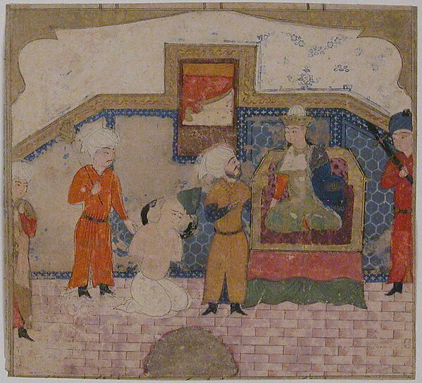 "Zahhak Brought as a Prisoner before Faridun", Folio from a Shahnama (Book of Kings) — تصویر رکورد موزهٔ متروپولیتن (دسترسی آزاد)