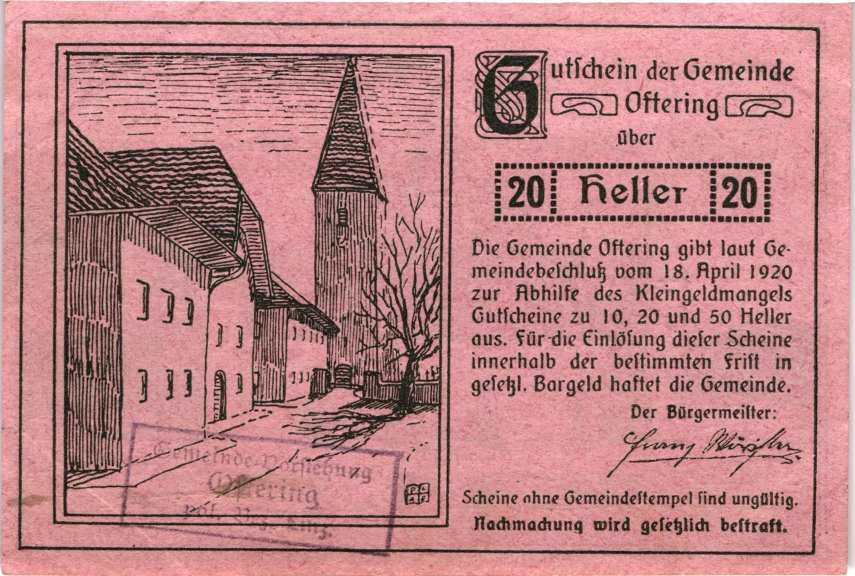 20 Heller, Notgeldschein der Gemeinde Oftering, Oberösterreich — تصویر رکورد یوروپیانا