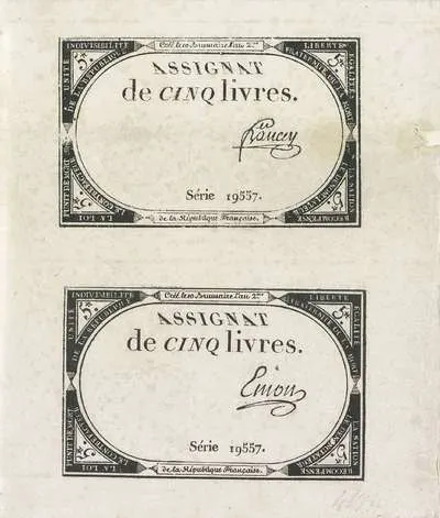 Twee assignaten van vijf livres, 1793-1794 — تصویر رکورد یوروپیانا