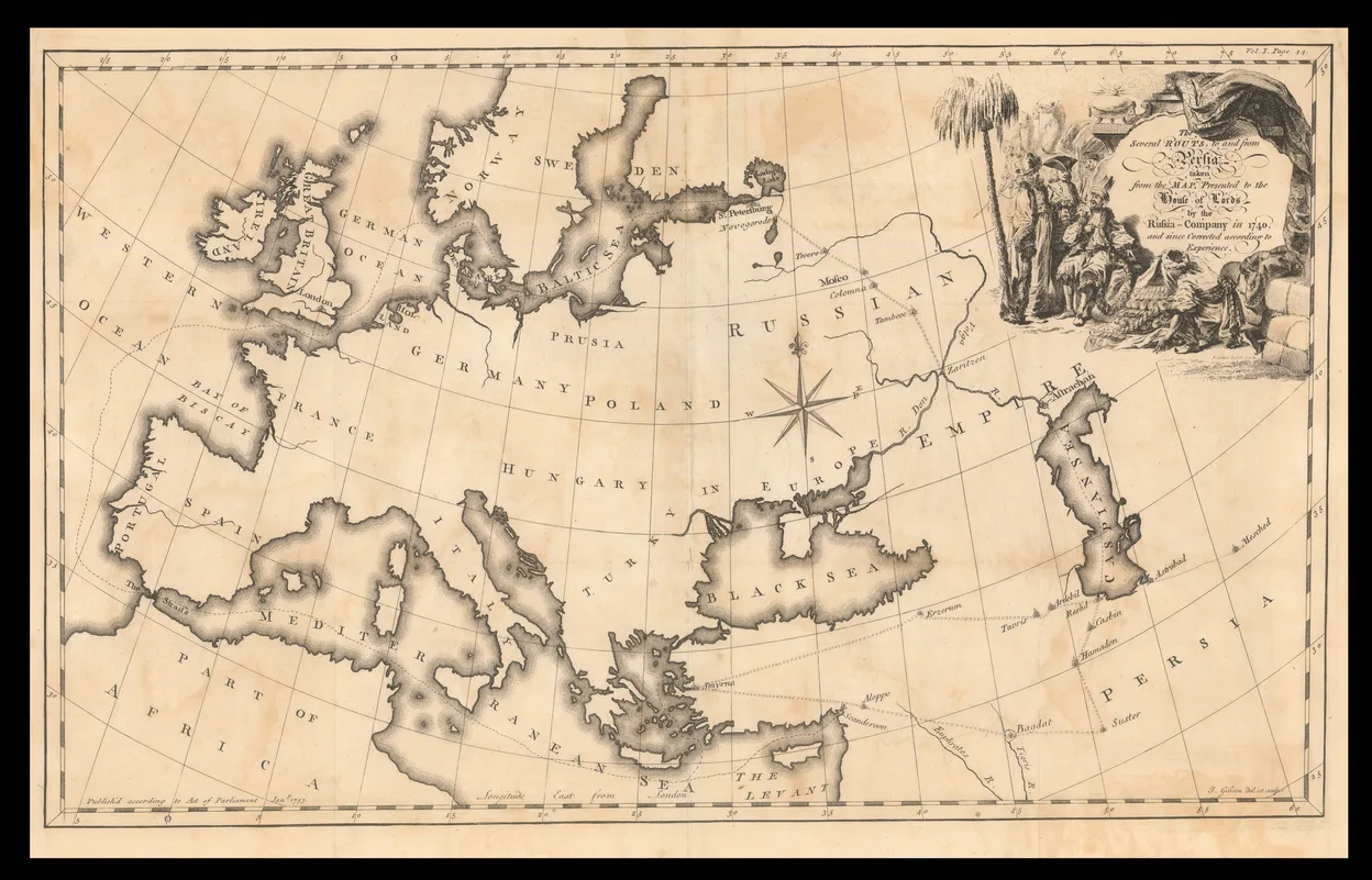 The several routs, to and from Persia. : Taken from the map presented to the House of Lords by the Russia Company in 1740, and since corrected according to experience. / — تصویر رکورد یوروپیانا