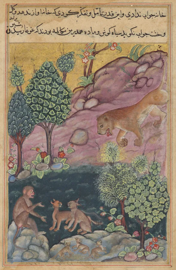 The lion returns to his territory and sees the monkey conversing with the lynx, from a Tuti-nama (Tales of a Parrot): Twenty-ninth Night — تصویر رکورد موزهٔ هنر کلیولند (دسترسی آزاد)