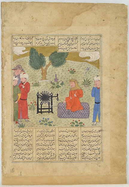 "Bahram-e Chubineh Wears Women's Clothing and Spins Yarn", folio from a Shahnama (Book of Kings) of Firdausi — تصویر رکورد موزهٔ متروپولیتن (دسترسی آزاد)