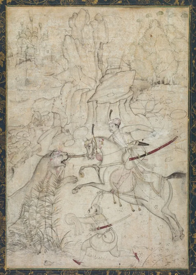 A Mounted Prince Hunting Lion in a Rocky Landscape — تصویر رکورد موزهٔ هنر کلیولند (دسترسی آزاد)