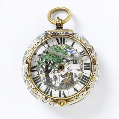 Watch, gold case with painted and 'braisse taille' enamel, the movement signed 'Simon Hackett Londini', England, London, about 1650. Watch of enamelled and gilt brass, signed 'Simon Hackett Londini'. — تصویر رکورد یوروپیانا