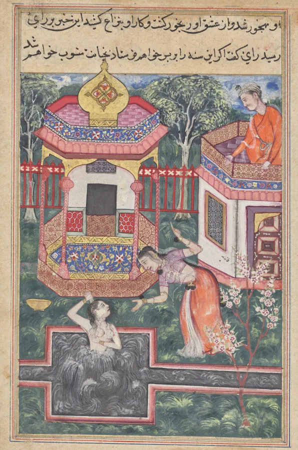 The son of the king of Babylon sees the Brahman transformed into a woman bathing and falls in love with her, from a Tuti-nama (Tales of a Parrot): Thirty-fifth Night — تصویر رکورد موزهٔ هنر کلیولند (دسترسی آزاد)