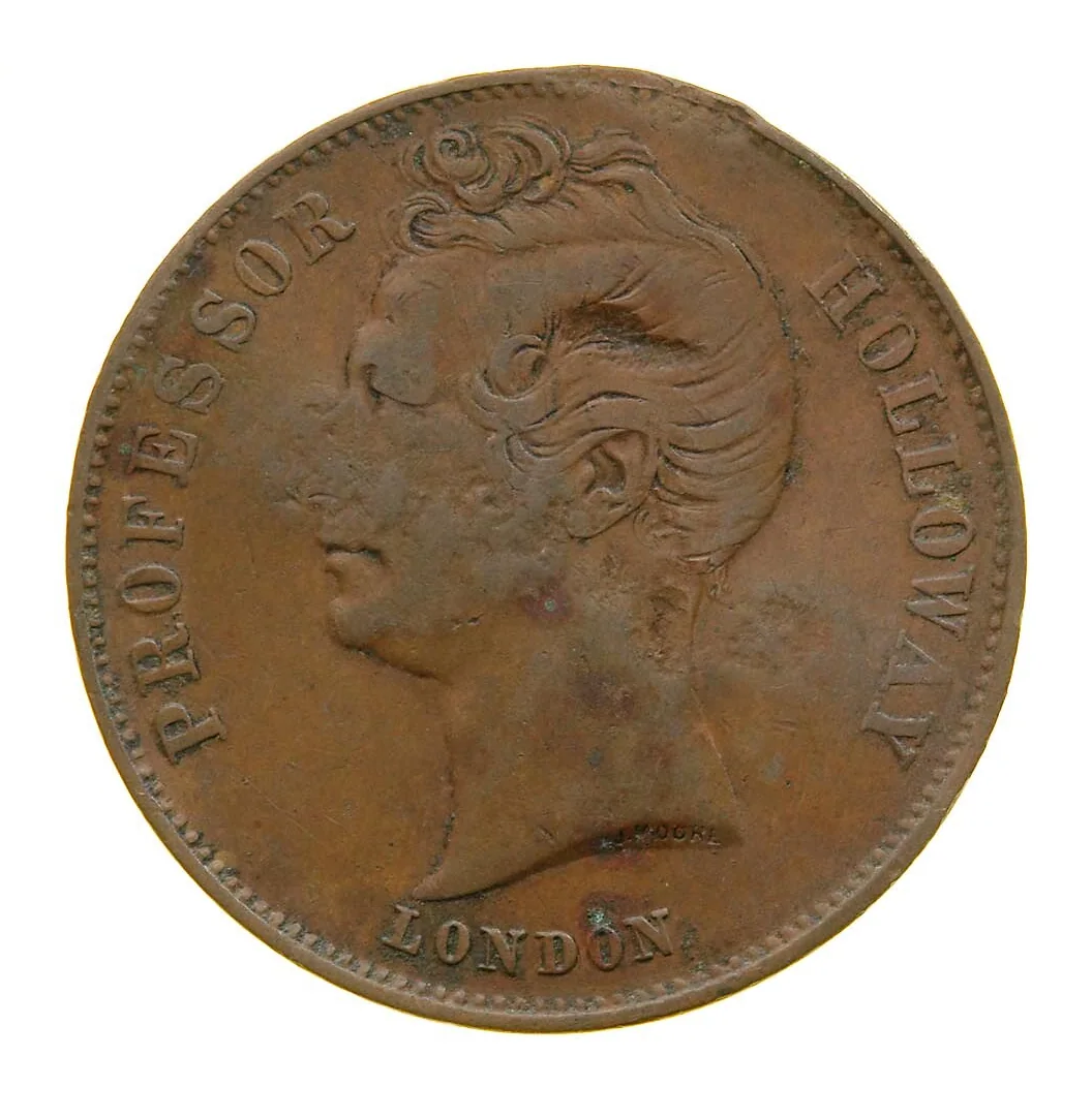 ژتون نیم‌پنی (Halfpenny) با مهر الحاقی، پروفسور هالووی، قرص و پماد، لندن، جی. دالتو، استرالیا، حدود ۱۸۵۷ — عکس رکورد موزه‌های ویکتوریا (استرالیا)