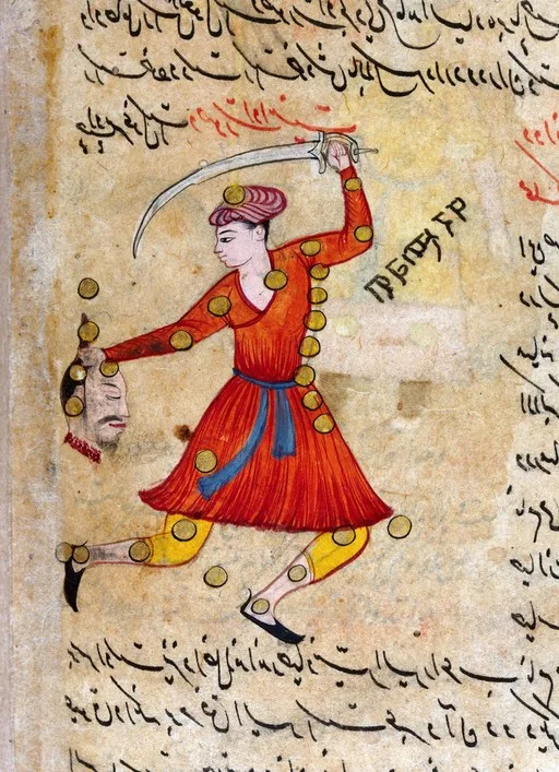 Constellation of Perseus, holding a severed head and sword, from Persian Manuscript 373 — تصویر رکورد یوروپیانا