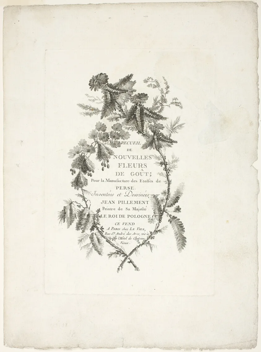 Cover for Collection of New Flowers of Taste for the Manufacture of Persian Cloth, Invented and Drawn by Jean Pillement — تصویر رکورد مؤسسهٔ هنر شیکاگو (دسترسی آزاد)