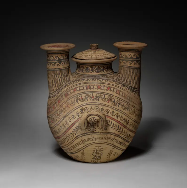 Two-Spouted Strainer Askos (Flask) with Lid — تصویر رکورد موزهٔ هنر کلیولند (دسترسی آزاد)