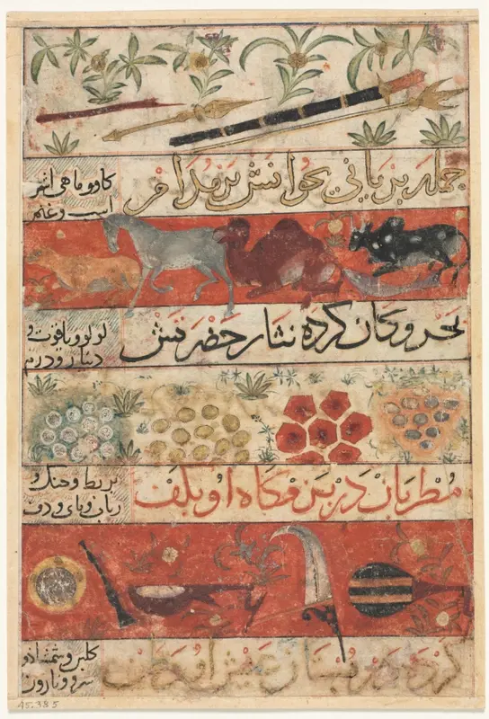Animals, Precious Stones, Coins, and Musical Instruments (recto) from a Mu'nis al-Ahrar fi Daqa'iq al-Ash'ar (The Free Men's Companion to the Subtleties of Poems) of Muhammad Ibn Badr al-Din Jajarmi (active 1340s) — تصویر رکورد موزهٔ هنر کلیولند (دسترسی آزاد)