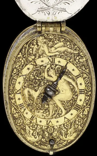 Watch with a case of silver and gilt brass, with a gilt brass dial, both engraved, movement signed by William Houllgatt, Ipswich, about 1620. Watch with a case of silver and gilt brass, with a gilt br — تصویر رکورد یوروپیانا