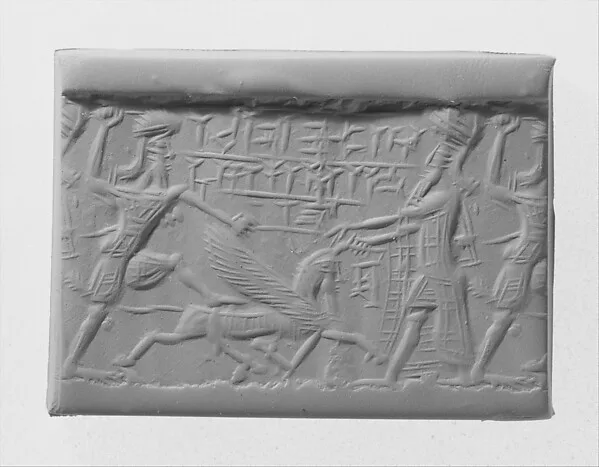 Cylinder seal with mythological contest scene — تصویر رکورد موزهٔ متروپولیتن (دسترسی آزاد)
