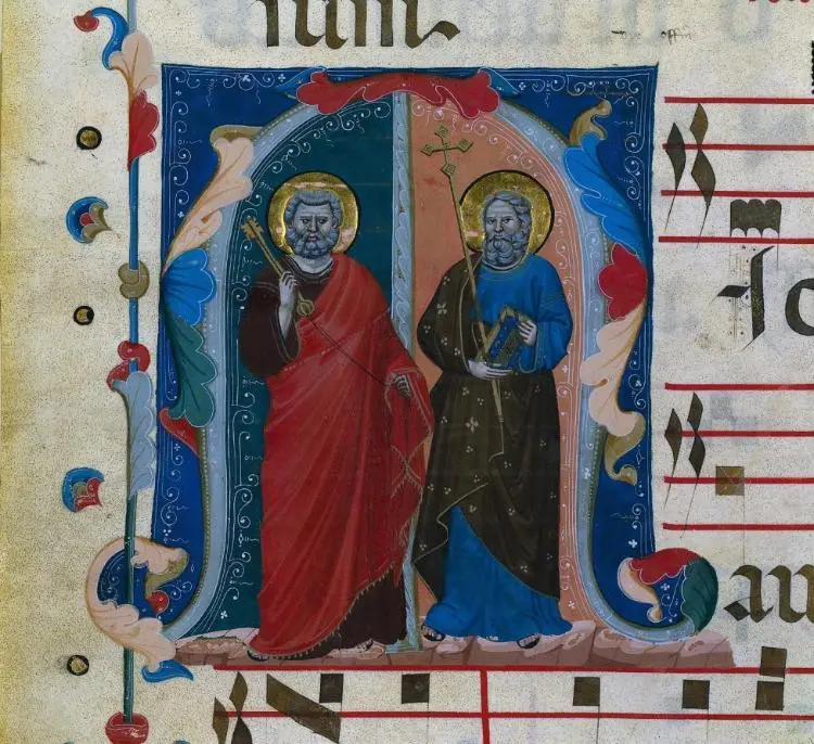 Leaf from a Gradual with Historiated Initial (M): Saints Peter and Andrew — تصویر رکورد موزهٔ هنر کلیولند (دسترسی آزاد)