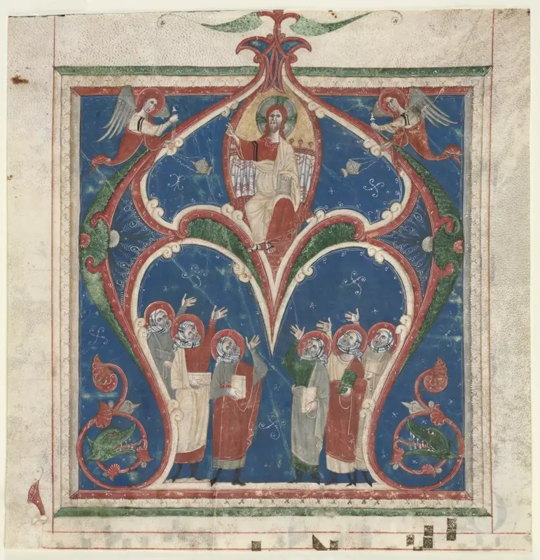 Historiated Initial (A) Excised from an Antiphonary: Christ in Majesty with Prophets — تصویر رکورد موزهٔ هنر کلیولند (دسترسی آزاد)