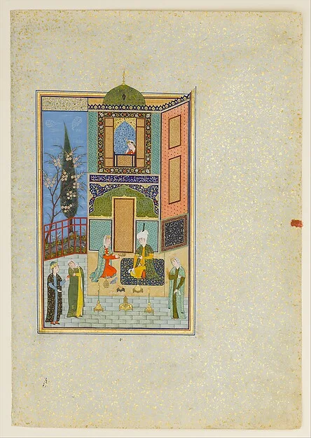 "Bahram Gur in the Green Palace on Monday", Folio 224 from a Khamsa (Quintet) of Nizami of Ganja — تصویر رکورد موزهٔ متروپولیتن (دسترسی آزاد)
