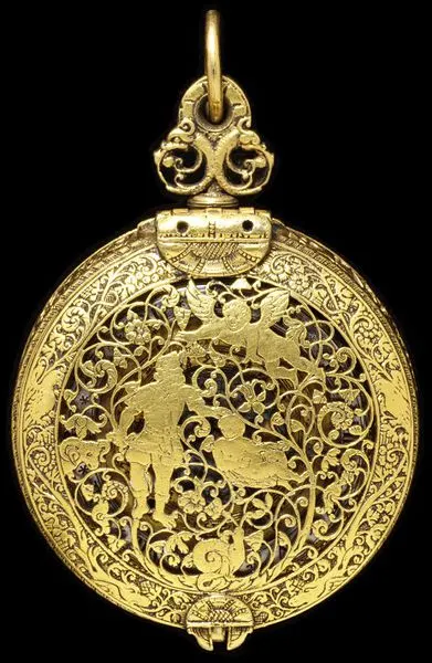 Clock-watch of cast and pierced gilt brass with a silver dial, engraved with 'The Sacrifice of Isaac', the dial showing the age of the moon, days of the month and hours, movement signed by T. Chamberl — تصویر رکورد یوروپیانا