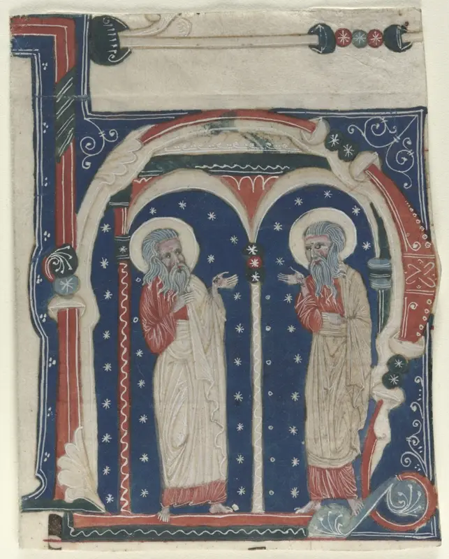 Historiated Initial (H) Excised from an Antiphonary: SS. Paul the Hermit and Anthony — تصویر رکورد موزهٔ هنر کلیولند (دسترسی آزاد)