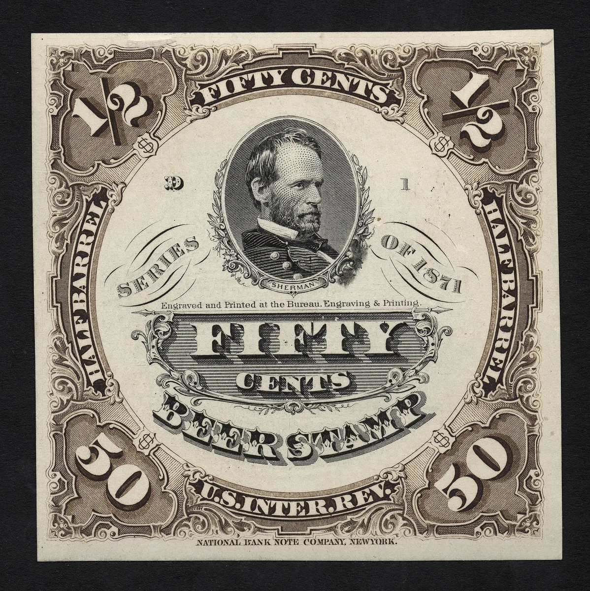 50c Beer revenue stamp proof single — تصویر رکورد موزهٔ ملی هنر آسیایی اسمیتسونیان (دسترسی آزاد)