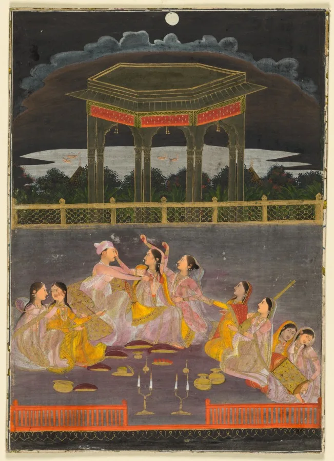 A prince celebrating Holi with palace women on a terrace at night (recto) — تصویر رکورد موزهٔ هنر کلیولند (دسترسی آزاد)