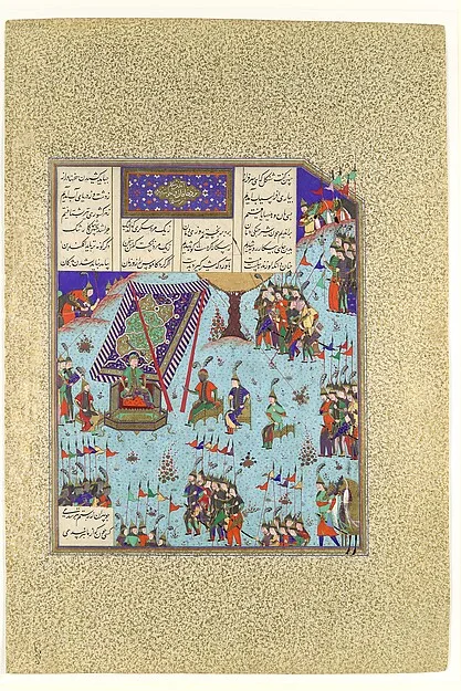 "Shangul Stirs the Khaqan's Council to War on Rustam", Folio 276v from the Shahnama (Book of Kings) of Shah Tahmasp — تصویر رکورد موزهٔ متروپولیتن (دسترسی آزاد)