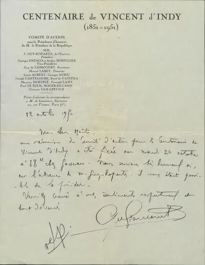 Scrisoare trimisă compozitorului Enescu, George de către compozitorul Guy de Lioncourt, secretar al Comitetului de organizare „Centeinaire de Vincent dʾIndy (1851 - 1951)‟ — تصویر رکورد یوروپیانا