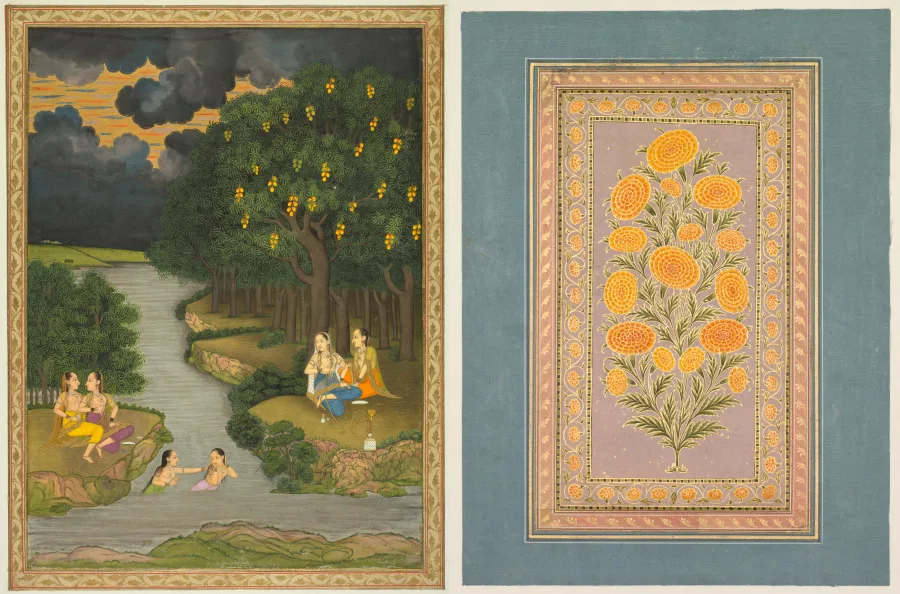 Women enjoying the river at the forest’s edge (recto) and flowering marigold (verso) — تصویر رکورد موزهٔ هنر کلیولند (دسترسی آزاد)