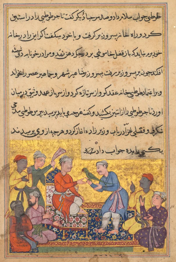 The magic parrot of the merchant talks to the vizier’s son, from a Tuti-nama (Tales of a Parrot): Tenth Night — تصویر رکورد موزهٔ هنر کلیولند (دسترسی آزاد)