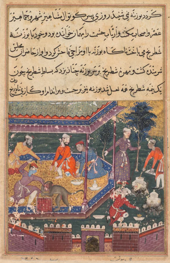 The wounded monkey bites the hand of the prince, his chessmate, in the presence of guests, from a Tuti-nama (Tales of a Parrot): Fifth Night — تصویر رکورد موزهٔ هنر کلیولند (دسترسی آزاد)