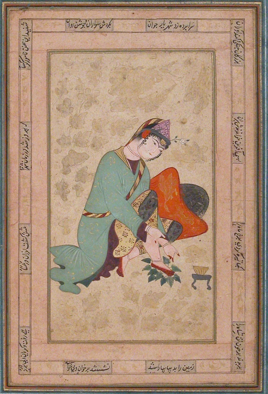 زنی در حال حنا بستن — نمای تکمیلی ثبتشده در رکورد موزه