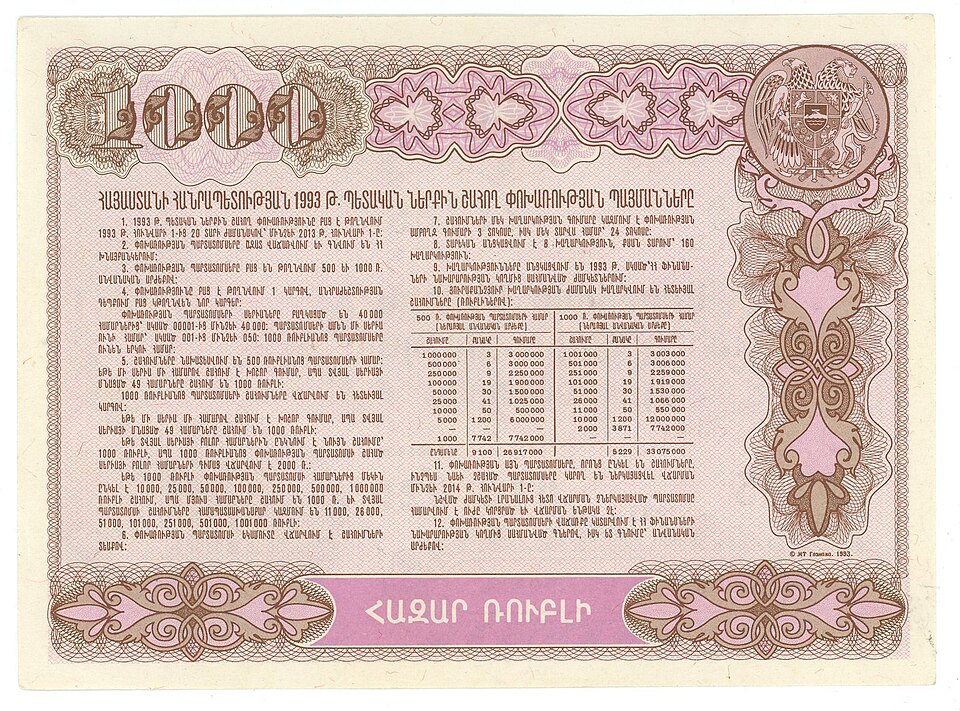 پشت اسکناس — 1000 روبل ارمنستان