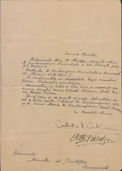 Scrisoare adresată Ministrului Justiției de către Constantin M. Cantacuzino și Alice M. Sturdza — تصویر رکورد یوروپیانا