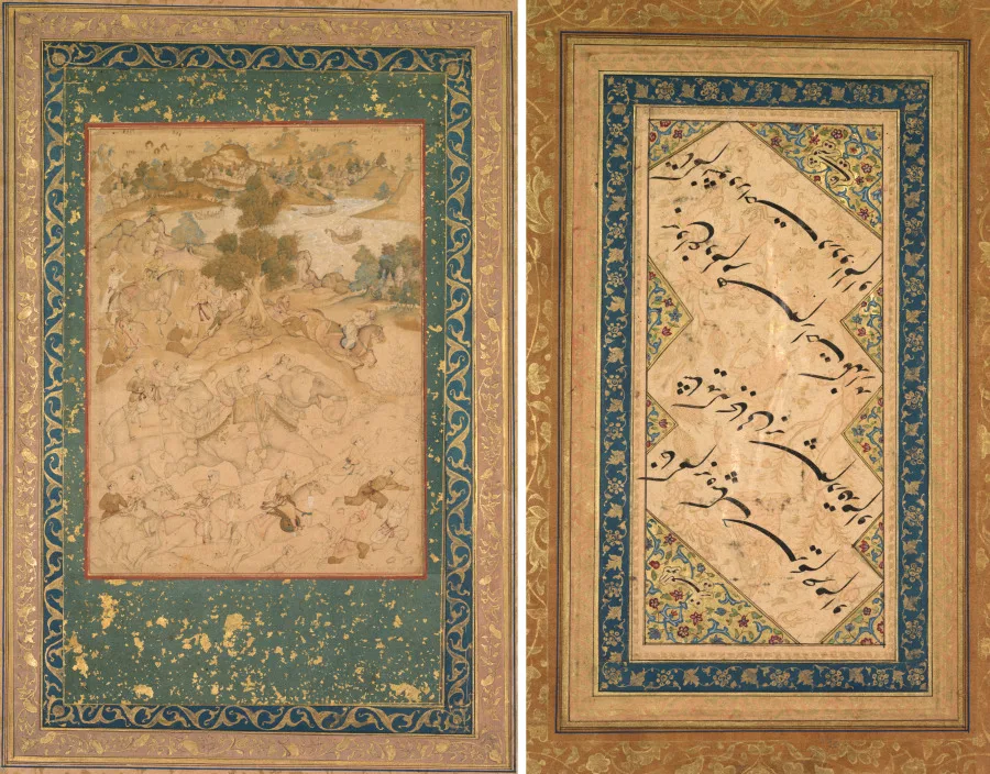 Akbar supervising the capture of wild elephants at Malwa in 1564, painting 90 from an Akbar-nama (Book of Akbar) of Abu’l Fazl (Indian 1551–1602) — تصویر رکورد موزهٔ هنر کلیولند (دسترسی آزاد)
