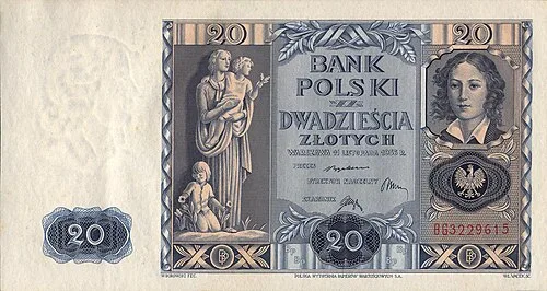 روی اسکناس — 20 złotych لهستان