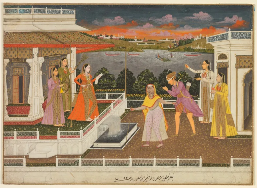 A blindfolded suitor is brought before a princess (recto) — تصویر رکورد موزهٔ هنر کلیولند (دسترسی آزاد)
