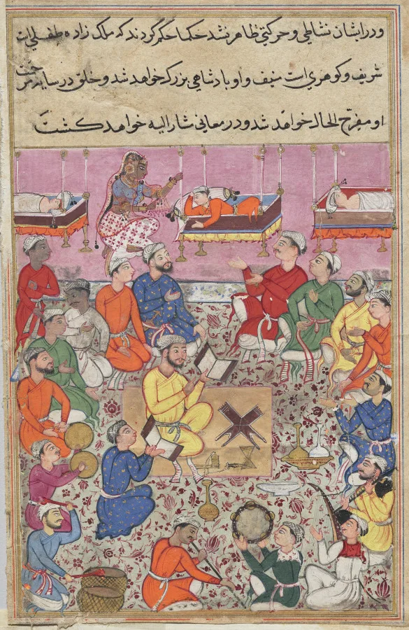 The infant son of the king of Isfahan responds to music, from a Tuti-nama (Tales of a Parrot): Thirteenth Night — تصویر رکورد موزهٔ هنر کلیولند (دسترسی آزاد)