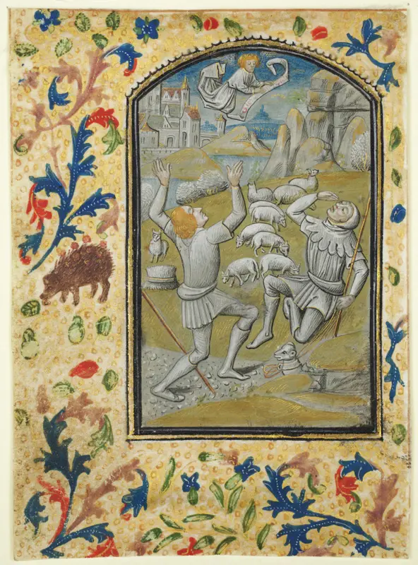 Leaf from a Book of Hours: Annunciation to the Shepherds — تصویر رکورد موزهٔ هنر کلیولند (دسترسی آزاد)