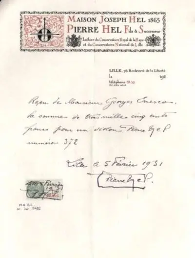 Chitanță prin care Pierre Hel confirmă plata efectuată de către George Enescu — تصویر رکورد یوروپیانا